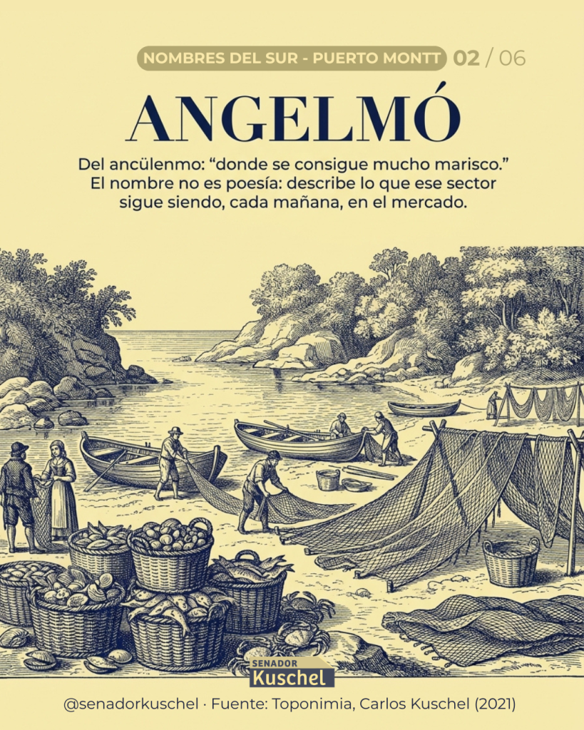 Lámina de la serie Nombres del Sur: Angelmó, el lugar de los mariscos, con un grabado de la caleta.